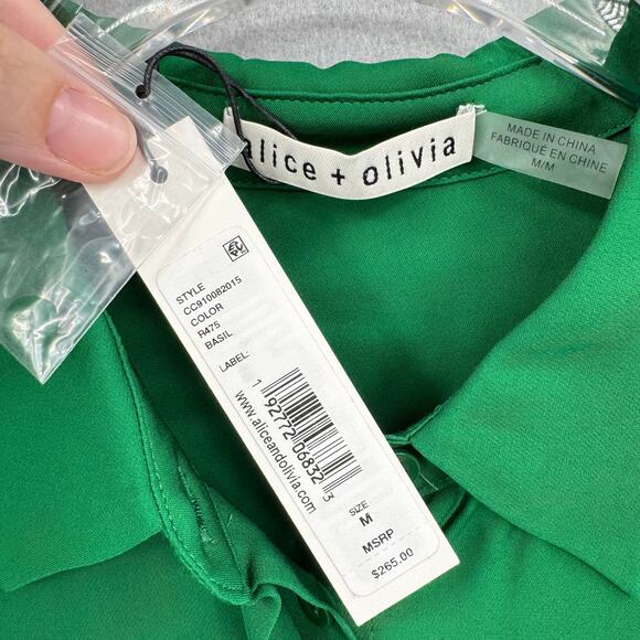 Alice + Olivia NWT Solid Kelly Green Long Sleeve Button Up Classy Blouse $265 - Picture 8 of 10